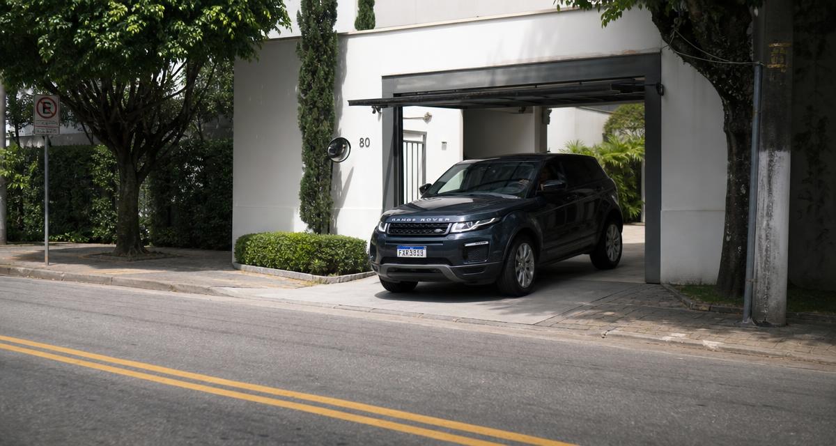 Carro de luxo saindo da garagem de uma casa de alto padrão no Brasil